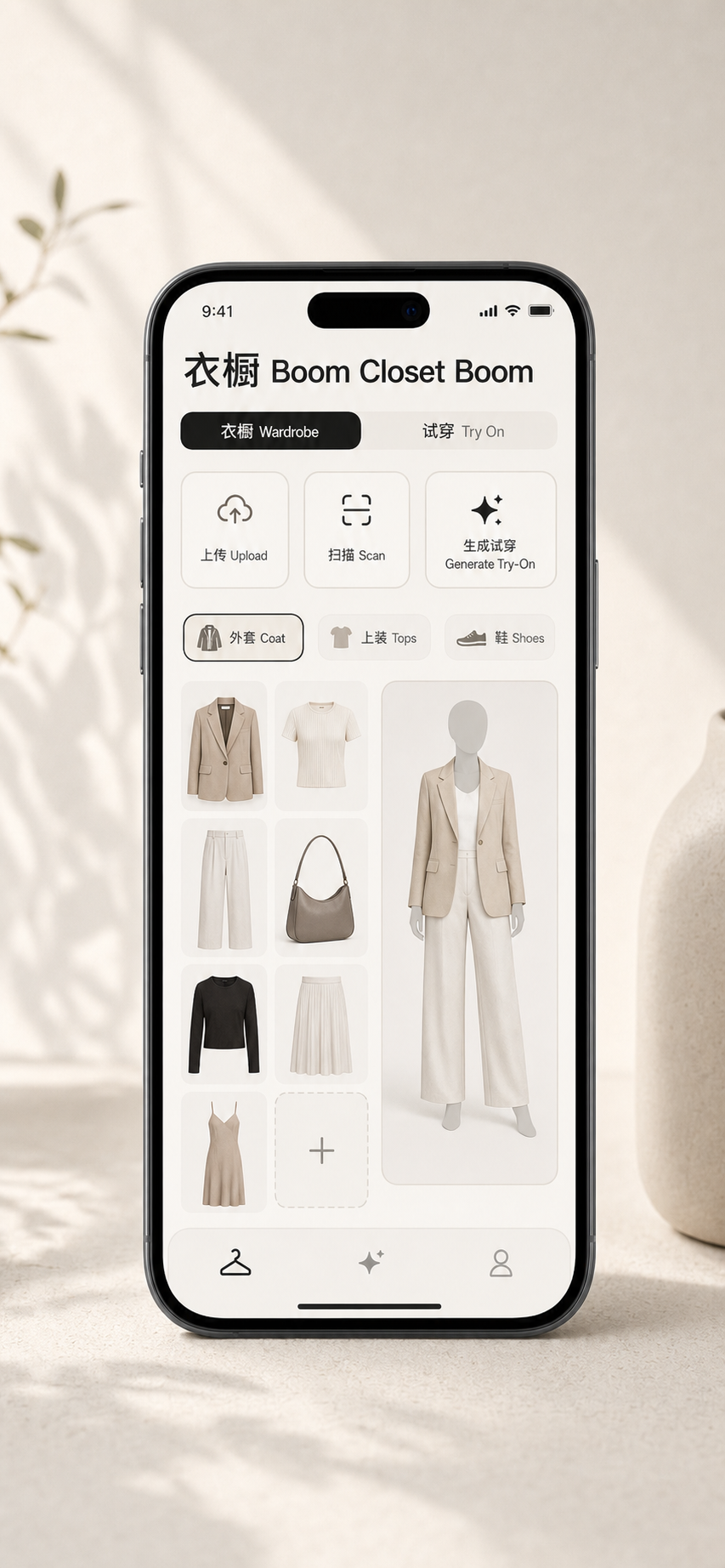 衣橱 Boom App 中英文界面示意图